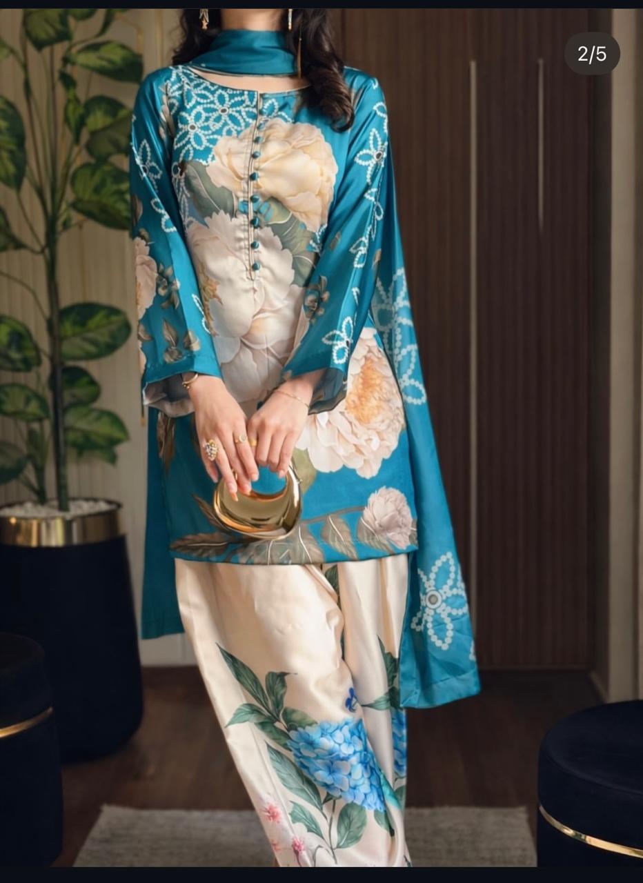 Laam Blue Floral Printed Apple Silk 3pc  Suit