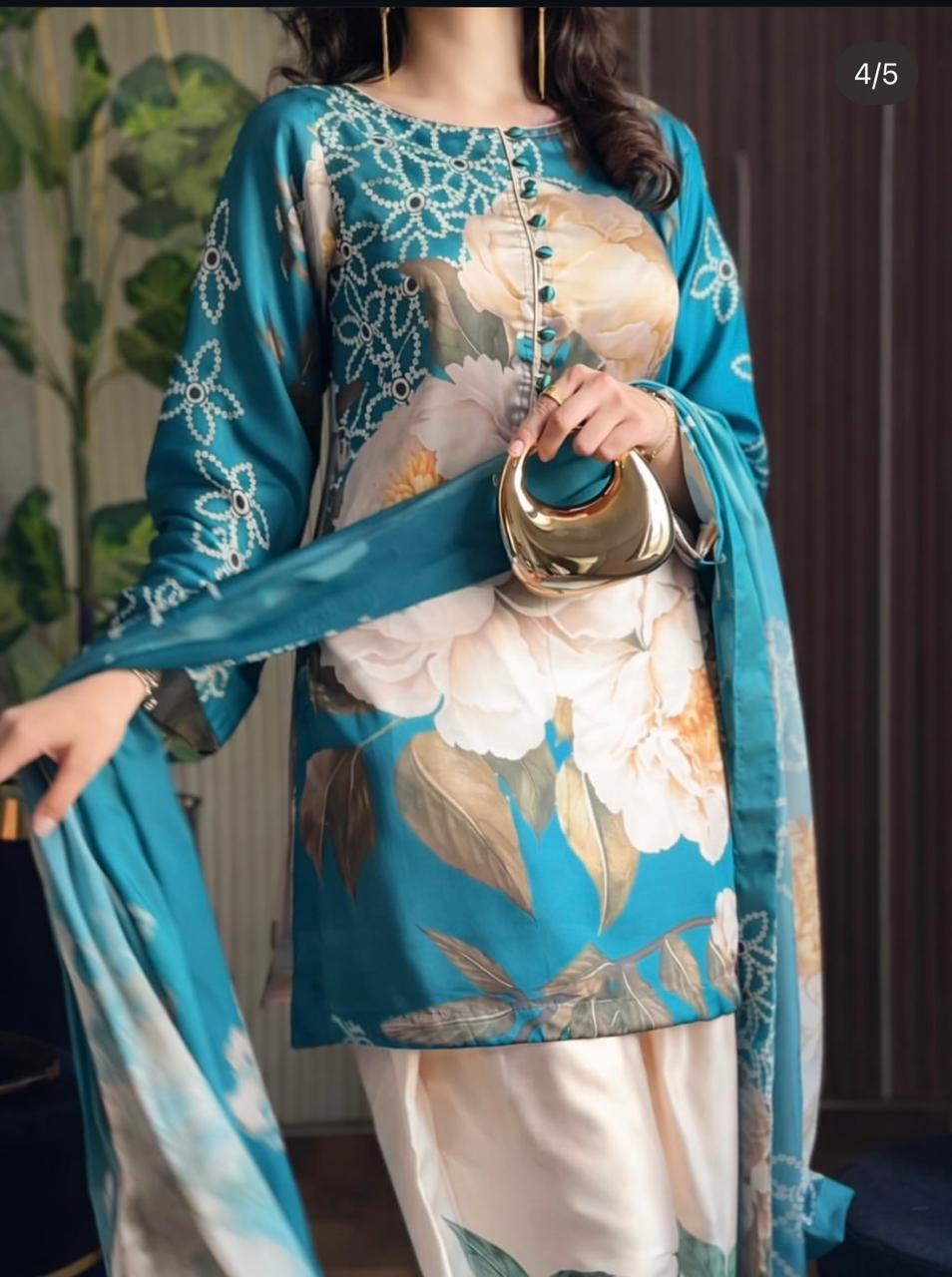 Laam Blue Floral Printed Apple Silk 3pc  Suit