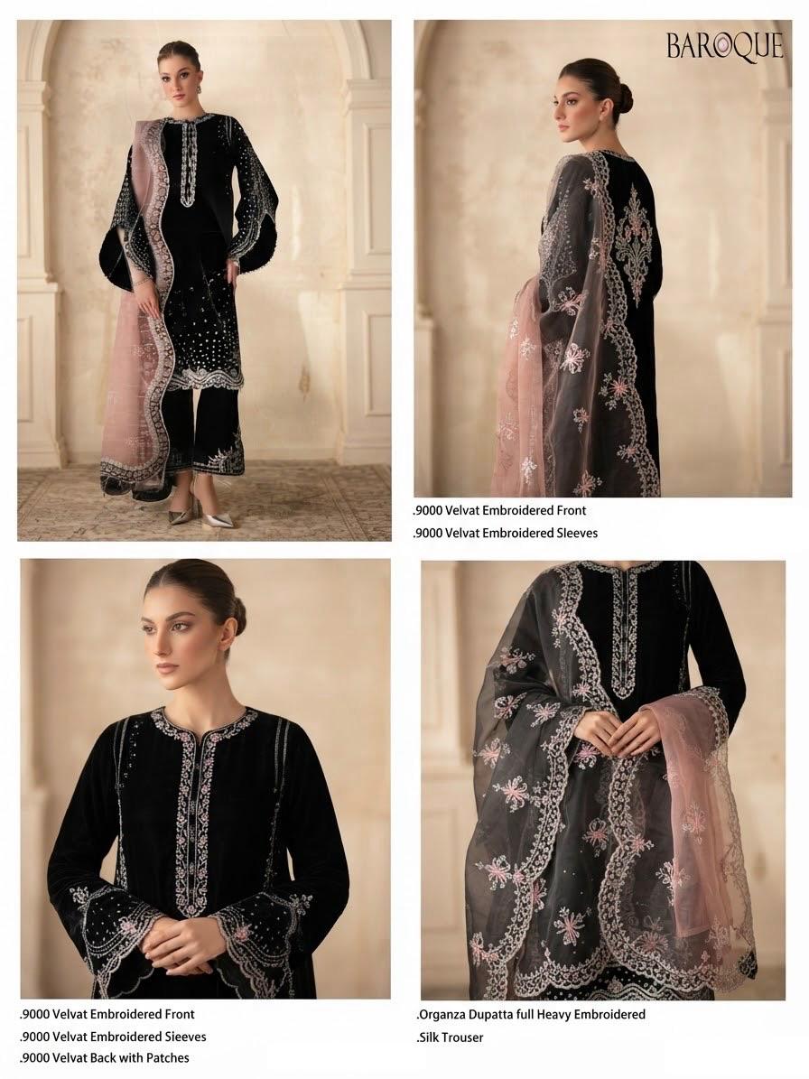 Baroque Black Velvet Embroidered 3pc  Unstitched Suit with Organza Dupatta (9000 velvet) (Allow to Open)