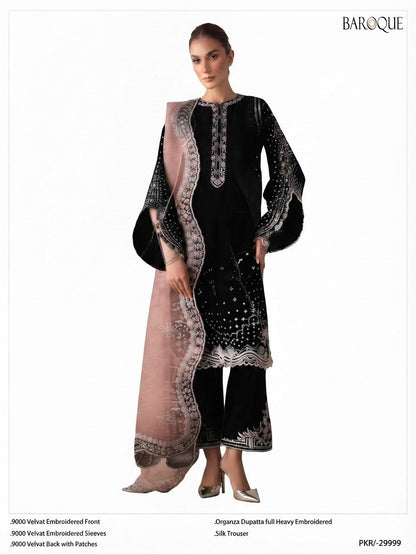 Baroque Black Velvet Embroidered 3pc  Unstitched Suit with Organza Dupatta (9000 velvet) (Allow to Open)