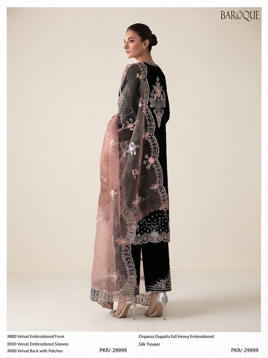 Baroque Black Velvet Embroidered 3pc  Unstitched Suit with Organza Dupatta (9000 velvet) (Allow to Open)