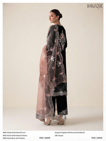 Baroque Black Velvet Embroidered 3pc  Unstitched Suit with Organza Dupatta (9000 velvet) (Allow to Open)