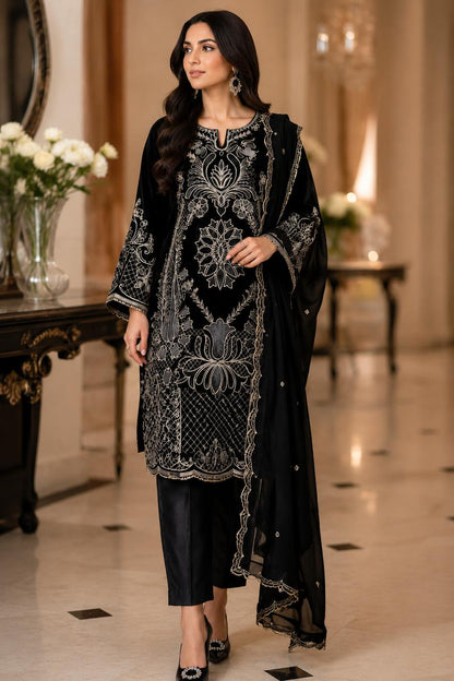 Black 9000 Velvet 2-Piece Unstitched Suit with Silk Trouser
