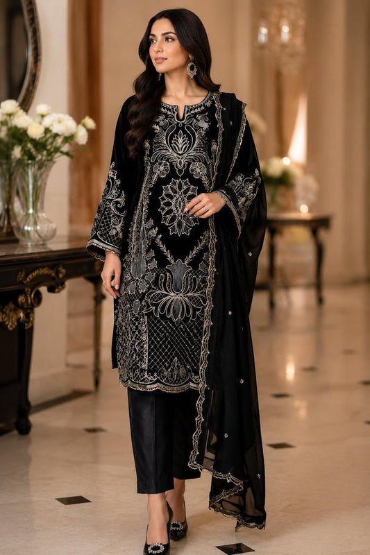 Black 9000 Velvet 2-Piece Unstitched Suit with Silk Trouser