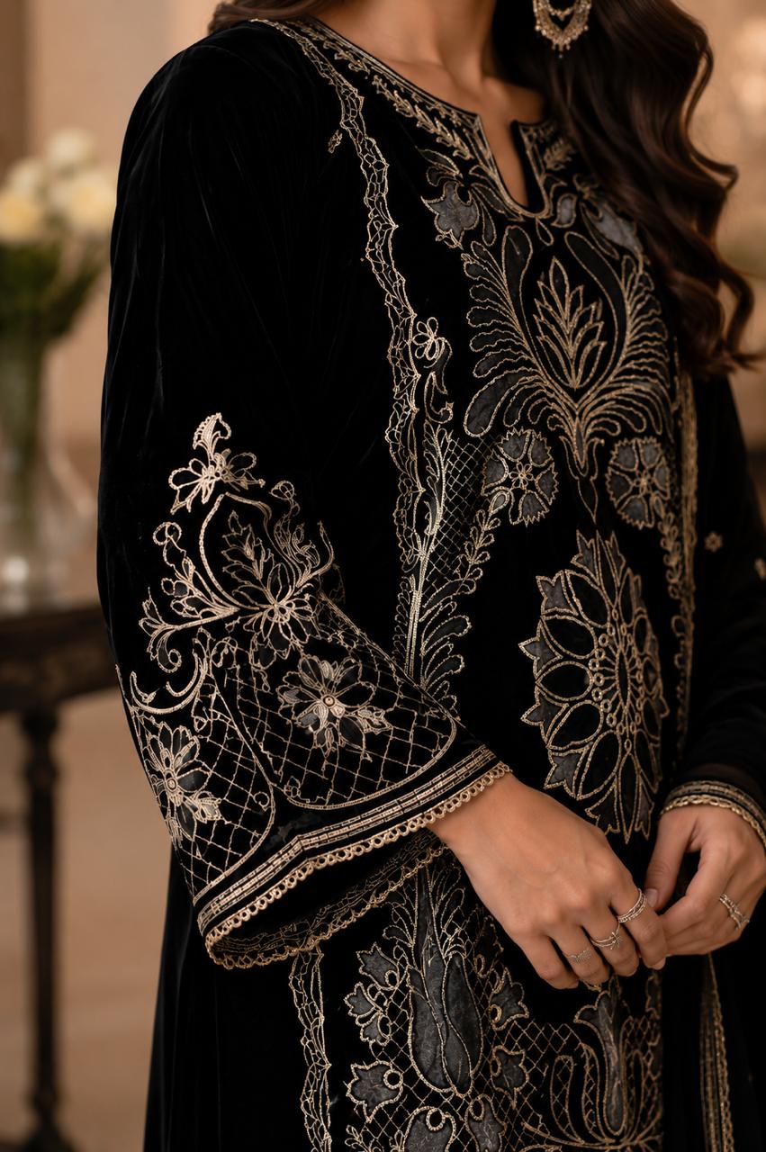 Black 9000 Velvet 2-Piece Unstitched Suit with Silk Trouser