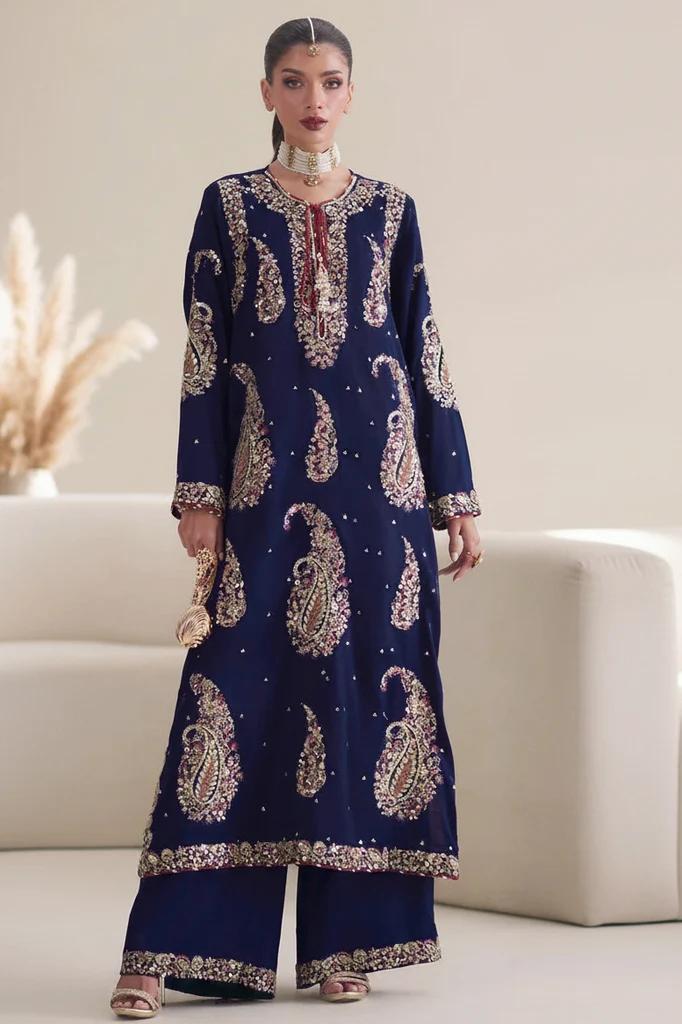 Ethnic Blue Embroidered Silk 2-Piece Suit
