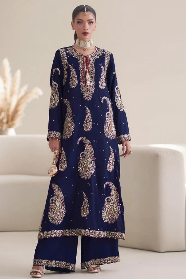 Ethnic Blue Embroidered Silk 2-Piece Suit