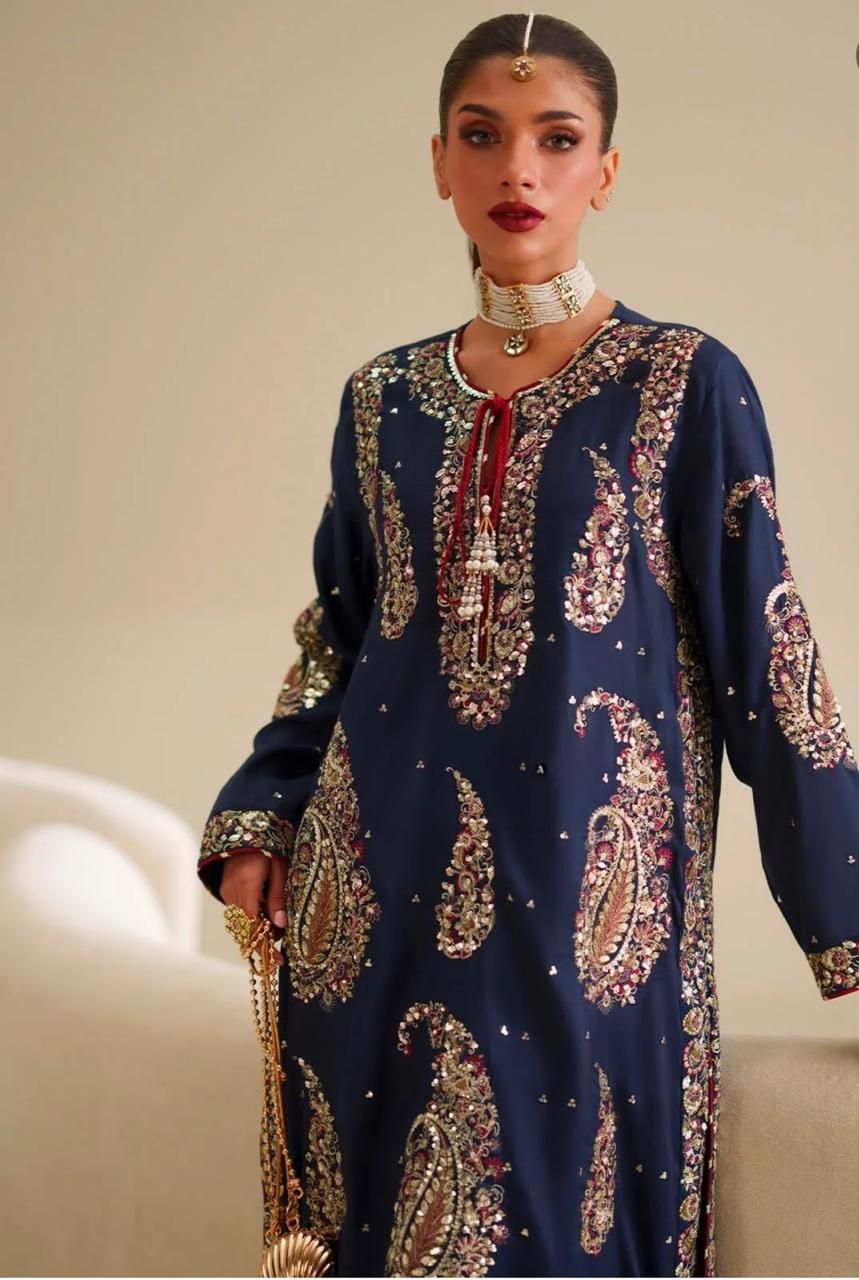 Ethnic Blue Embroidered Silk 2-Piece Suit