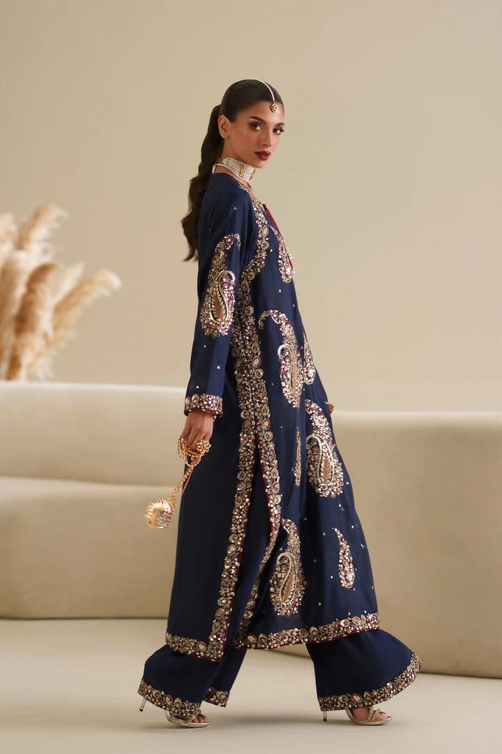 Ethnic Blue Embroidered Silk 2-Piece Suit