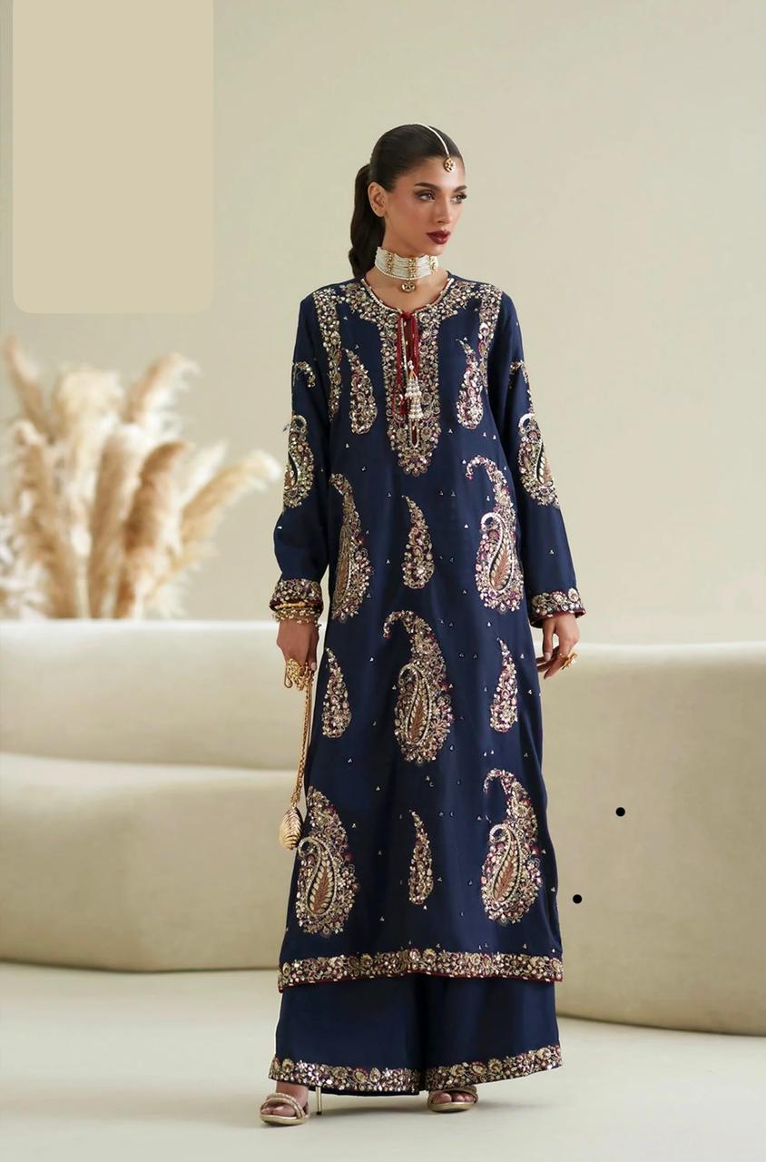Ethnic Blue Embroidered Silk 2-Piece Suit